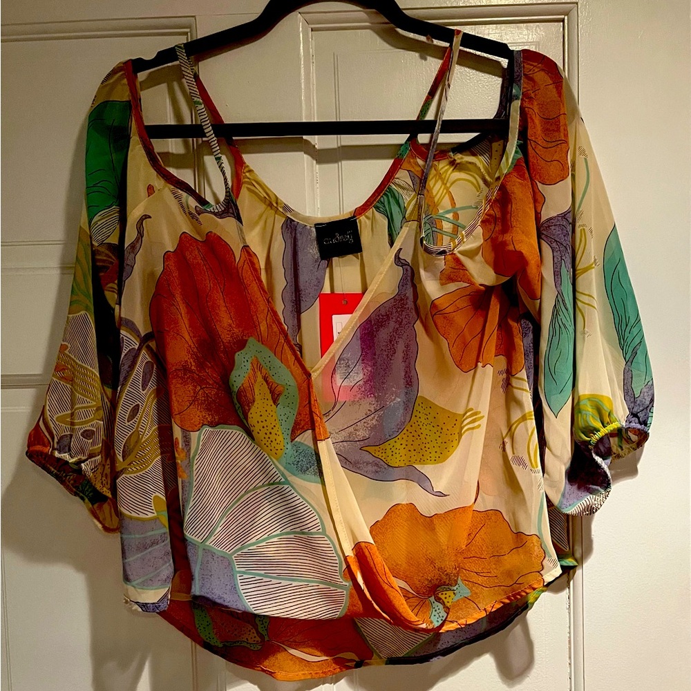 Colorful sheer lightweight top cold shoulder
